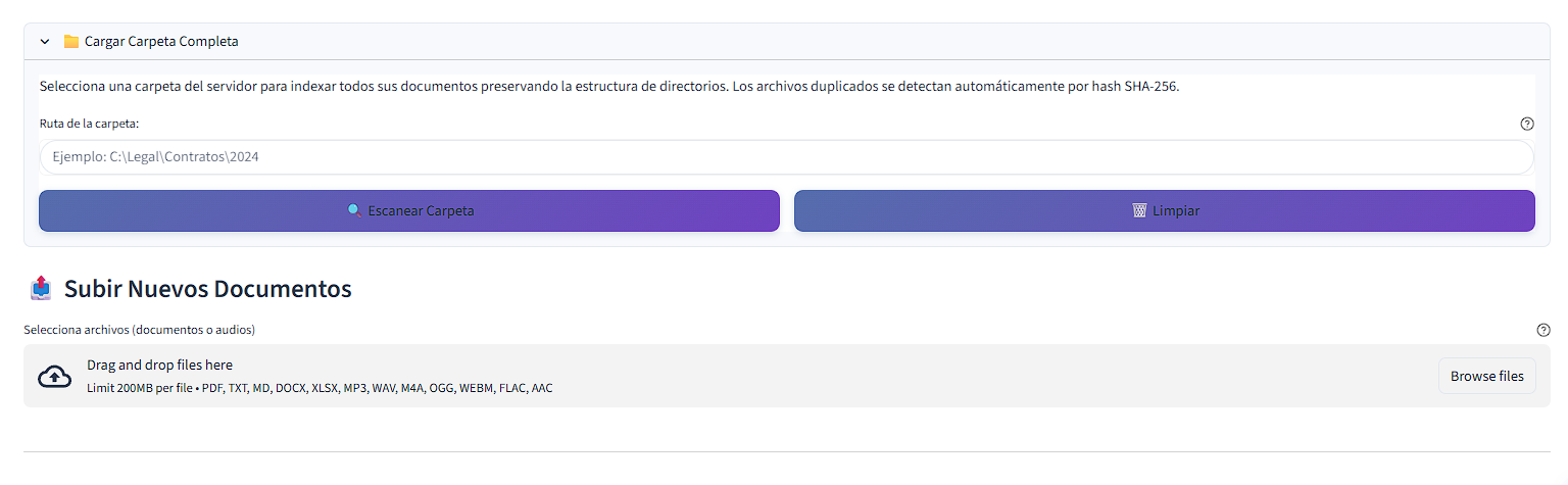 Interfaz de carga de carpetas completas de documentos del proyecto
